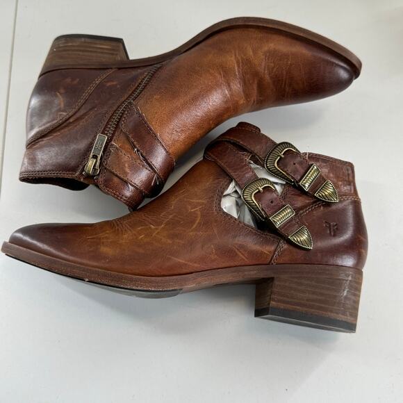 Frye Ray Women's 7.4 Brown Leather Western Boots Buckle Block Heel Ankle - Picture 5 of 8